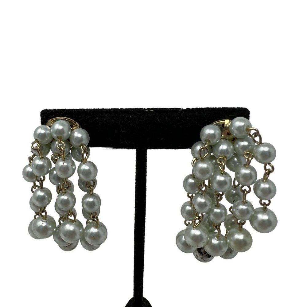Faux Pearl Earrings Light Green Gold‎ Tone Cluster Drop Pierced